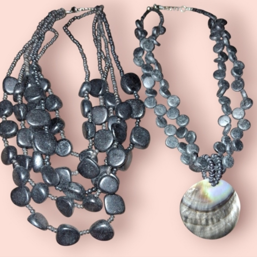 2x Wood Coin Boho Bead Mother of Pearl Shell MultiStrand Necklaces